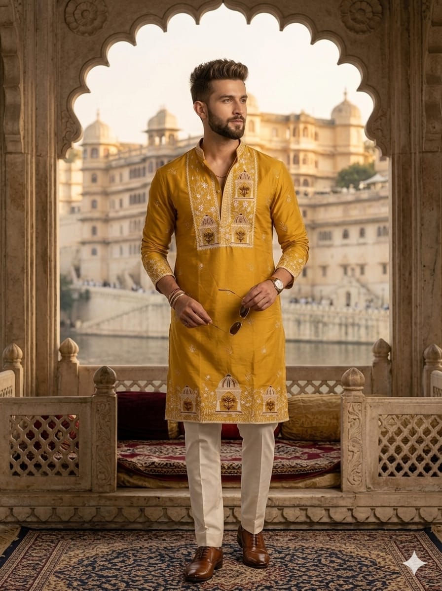 The Heritage Arch Kurta in Royal Mustard