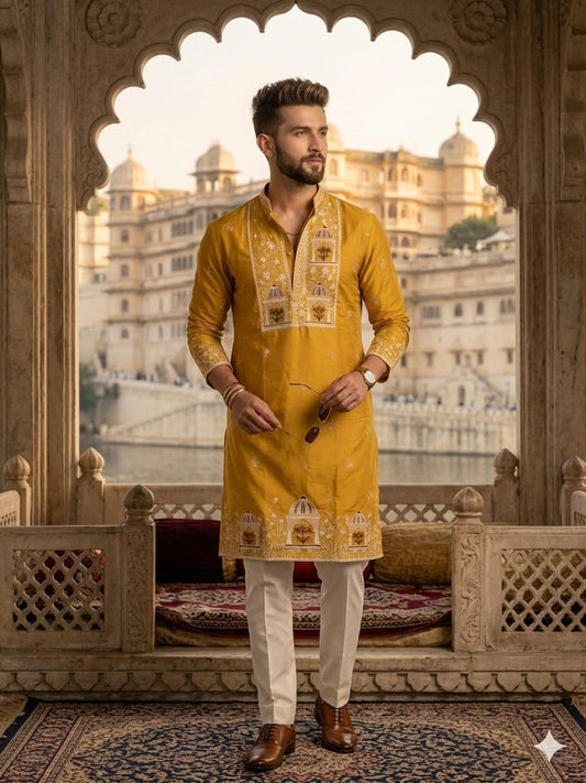 The Heritage Arch Kurta in Royal Mustard
