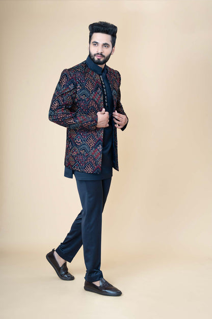 Midnight Blue Indo-Western Set with Multicolor Embroidered Jacket