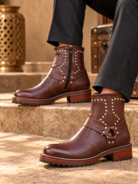 Royal Chestnut Studded Leather Ankle Boots