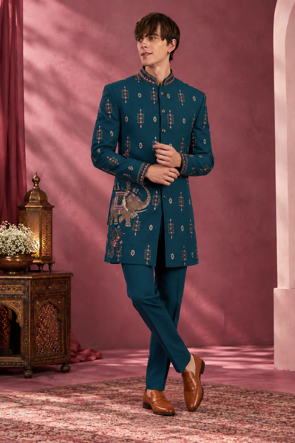 Teal Maharaja Elephant Motif Embroidered Indo-Western Set for Men