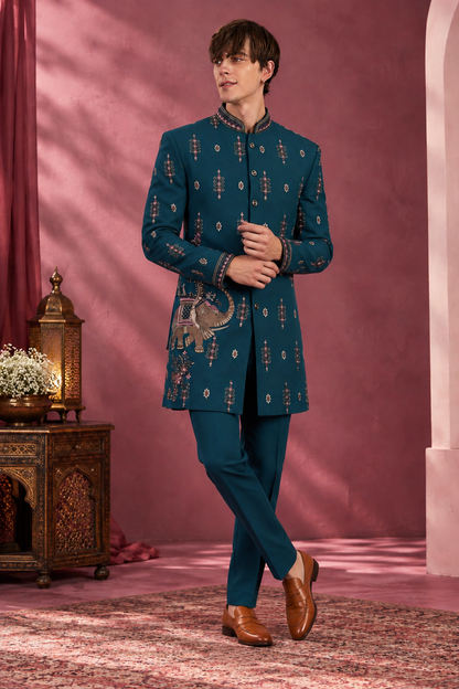 Teal Maharaja Elephant Motif Embroidered Indo-Western Set for Men