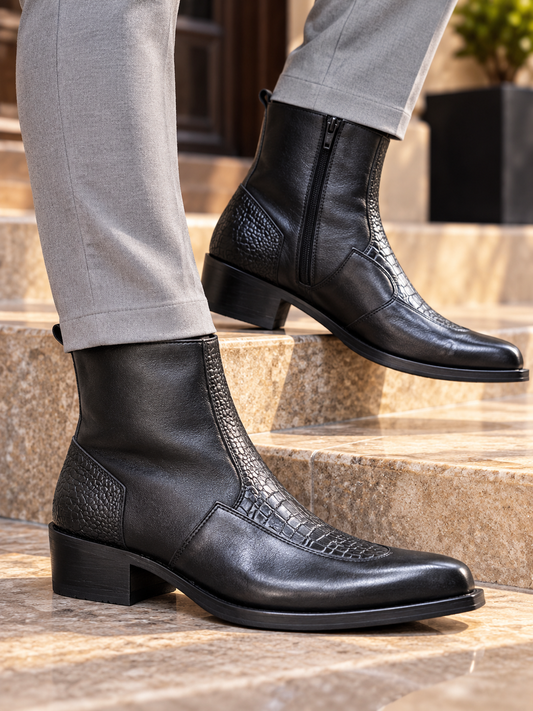 Midnight Noir Textured Leather Ankle Boots