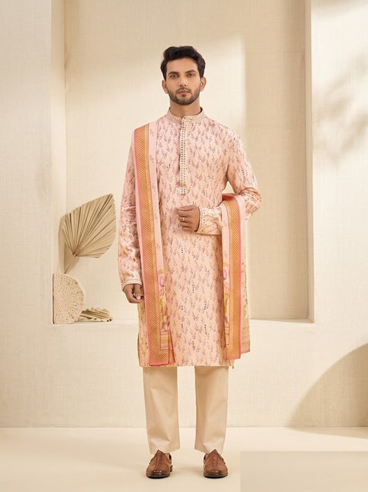 Blossom Opulence: Pure Linen-Satin Ensemble