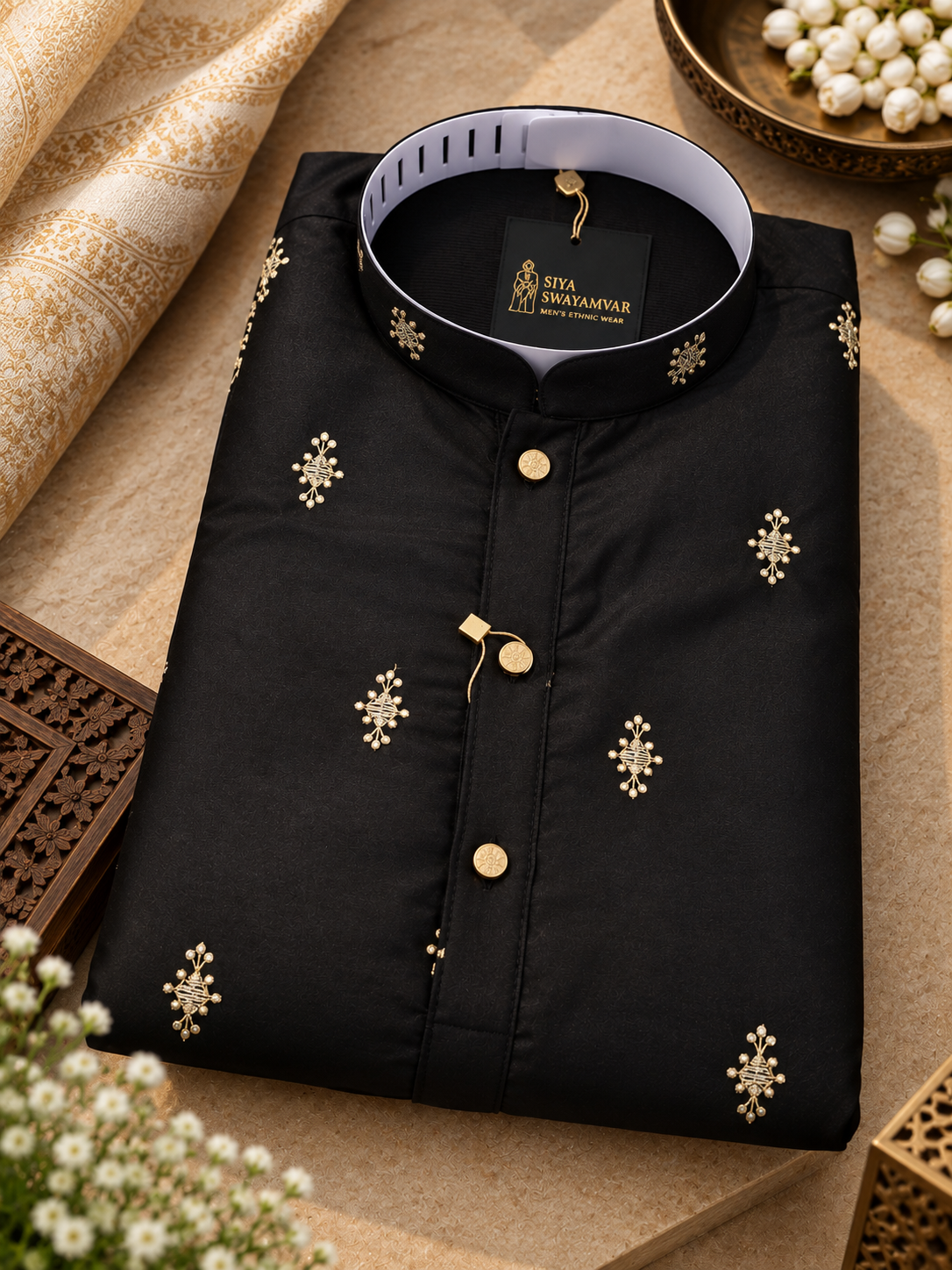 Black Regal Embroidered Silk Kurta Set