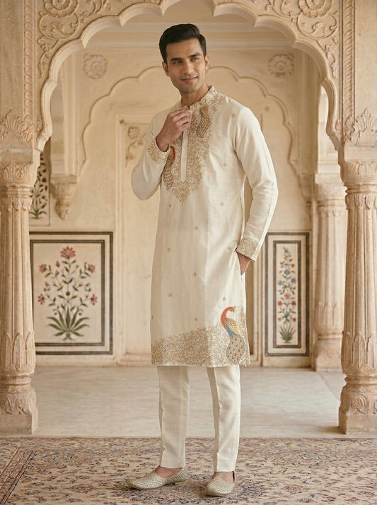 The Ivory Palace Peacock Silk Kurta Set
