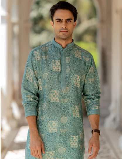 Aqua Royale Linen Silk Mirror Kurta Set
