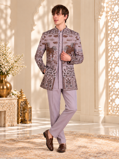 Lavender Royale Horse Motif Embroidered Indo-Western Set for Men