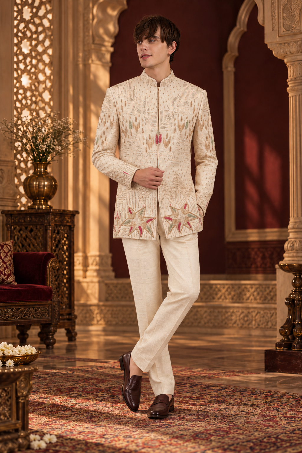Ivory Champagne Royale Embroidered Indo-Western Set for Men