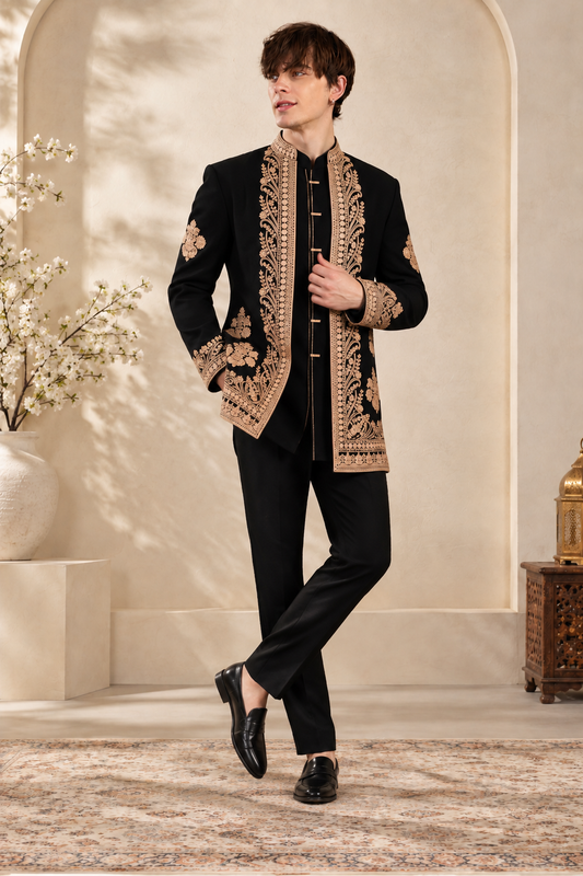 Black Gold Royale Embroidered Indo-Western Set for Men