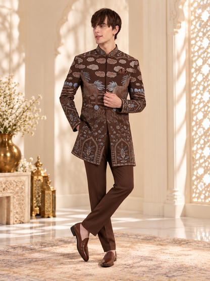 Chocolate Royale Horse Motif Embroidered Indo-Western Set for Men