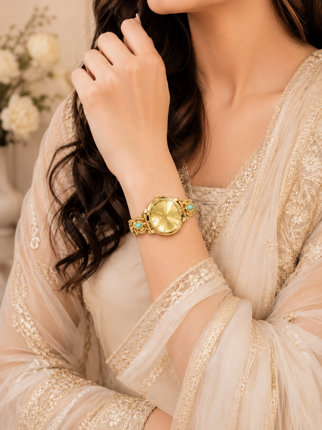Elegant Gold-Tone Emerald Accent Women’s Watch