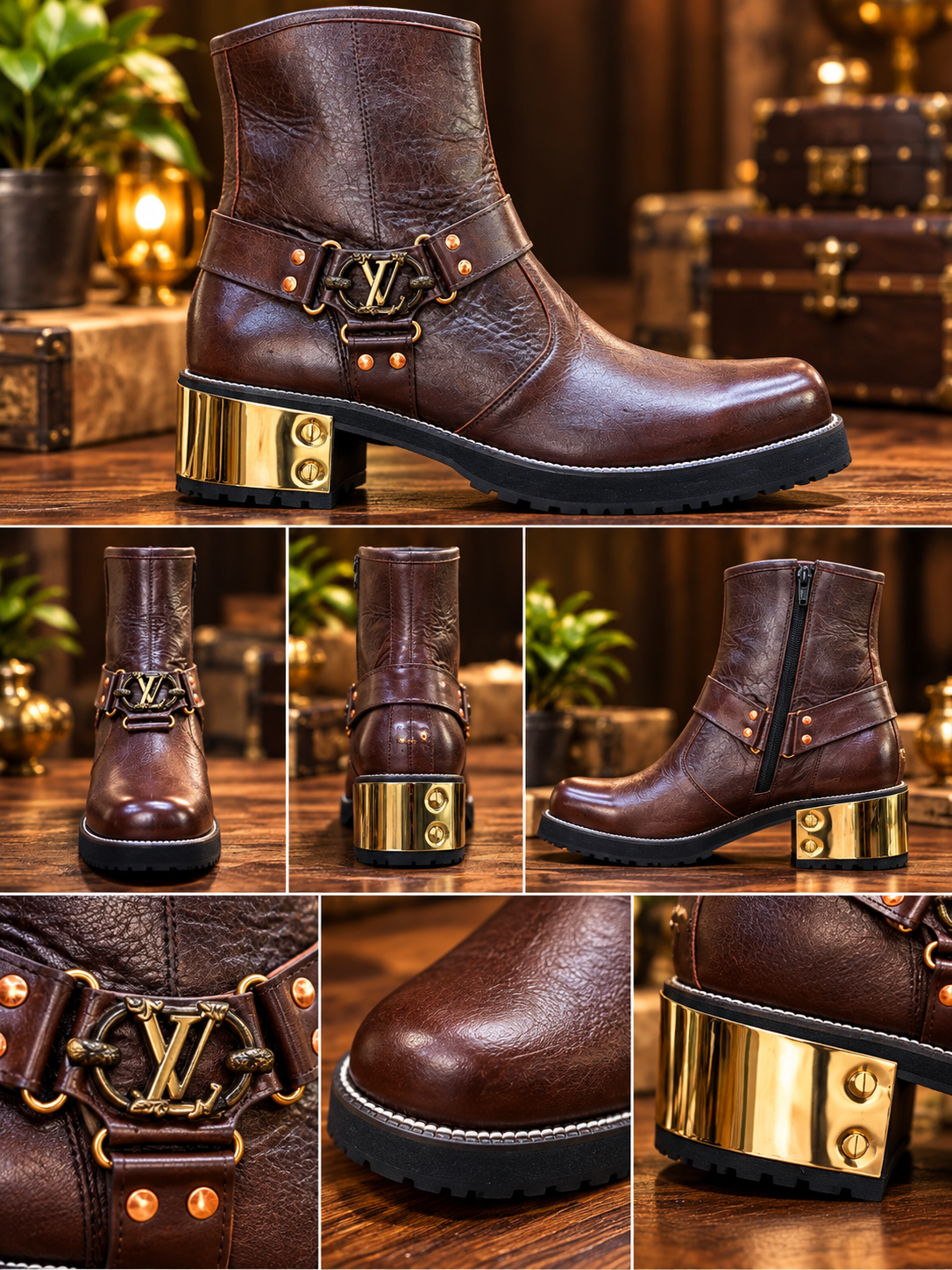 Royal Espresso Gold-Heel Leather Ankle Boots