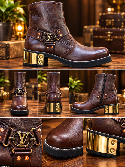 Royal Espresso Gold-Heel Leather Ankle Boots