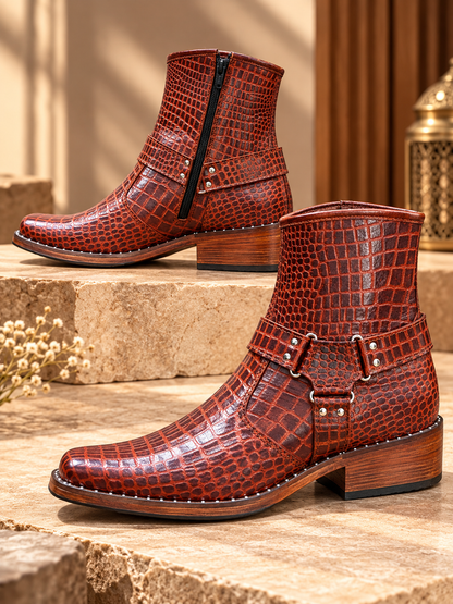 Royal Cognac Crocodile-Texture Leather Ankle Boots