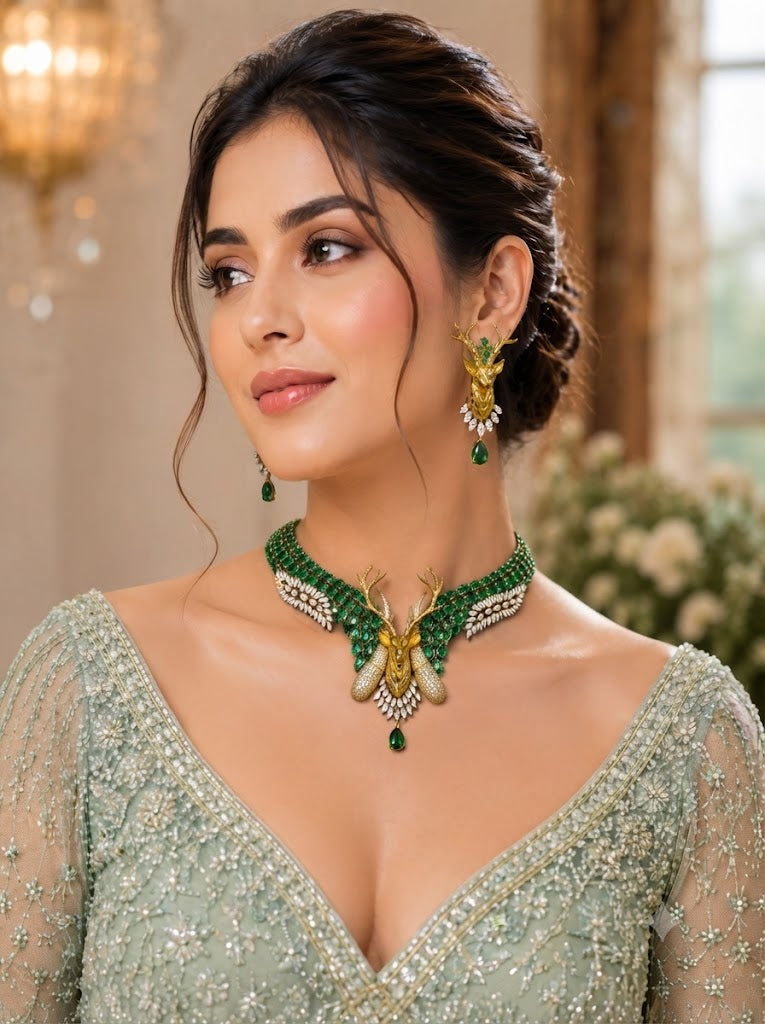 Emerald Green Deer-Inspired Choker Necklace & Earrings Set