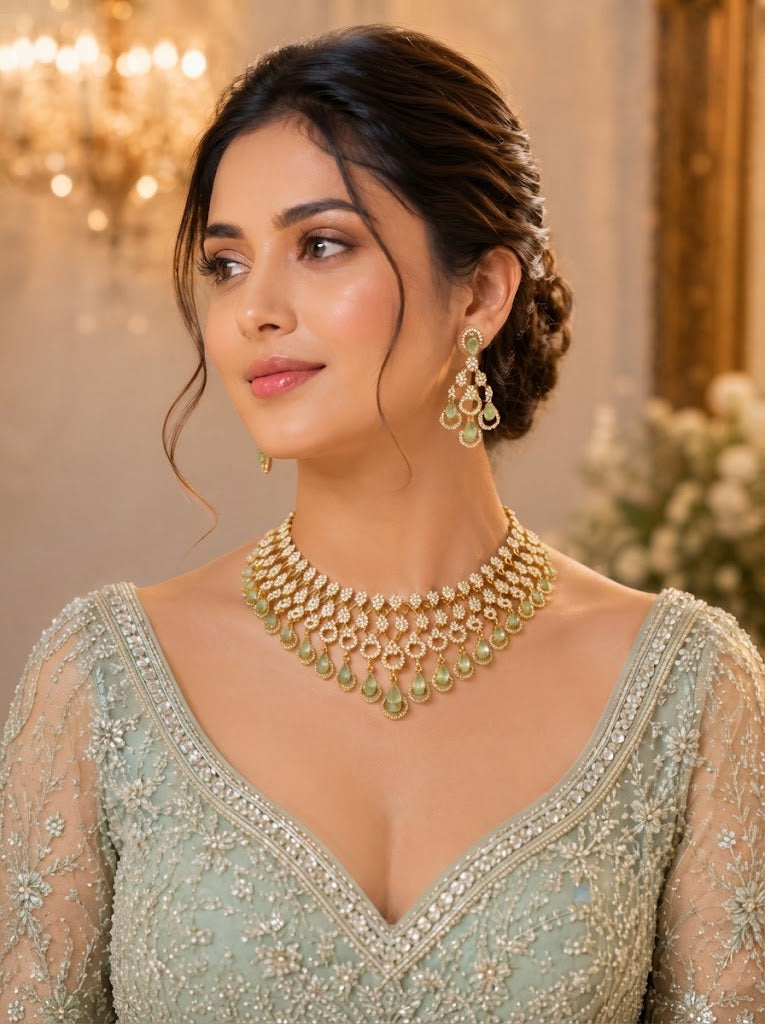 Emerald Green Crystal Layered Choker Necklace & Earrings Set