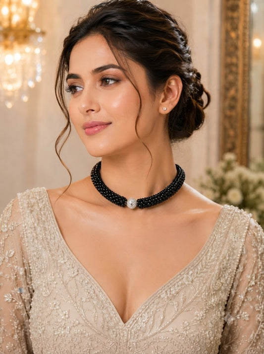 Black Beaded Crystal Choker Necklace