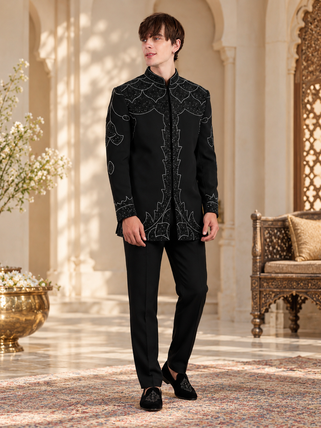 Black Onyx Royale Embroidered Indo-Western Set for Men