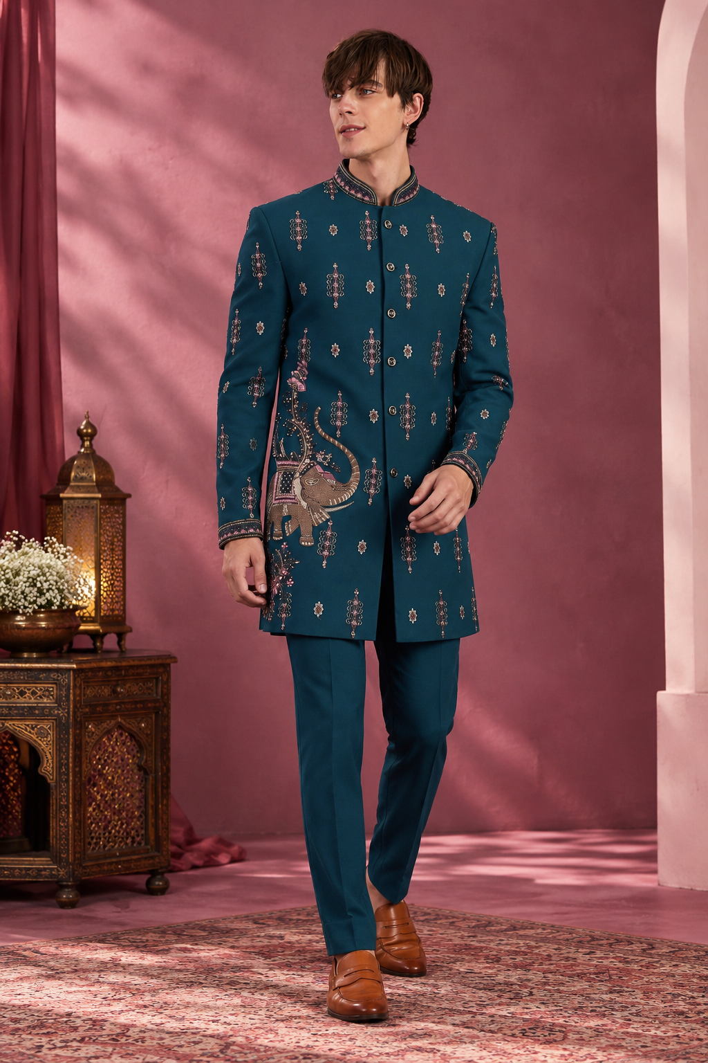 Teal Maharaja Elephant Motif Embroidered Indo-Western Set for Men
