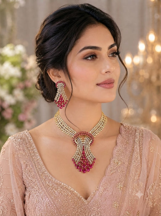Royal Ruby Cascade Choker Necklace & Earrings Set