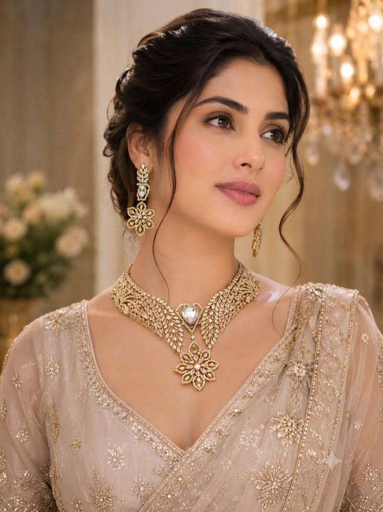 Royal Floral Diamond Choker Necklace & Earrings Set