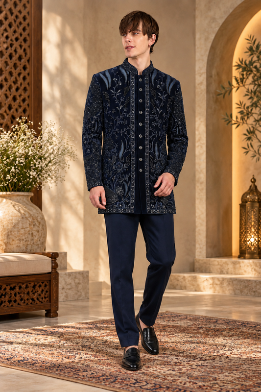 Midnight Navy Luxe Embroidered Indo-Western Set for Men