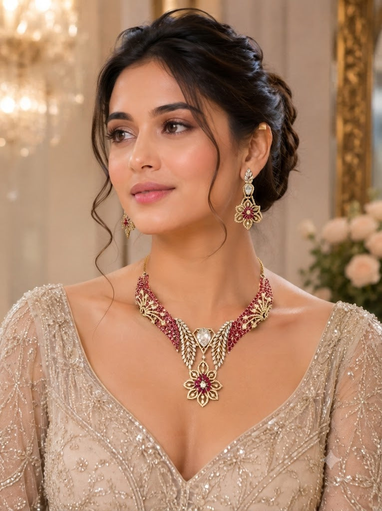 Royal Ruby Floral Choker Necklace & Earrings Set