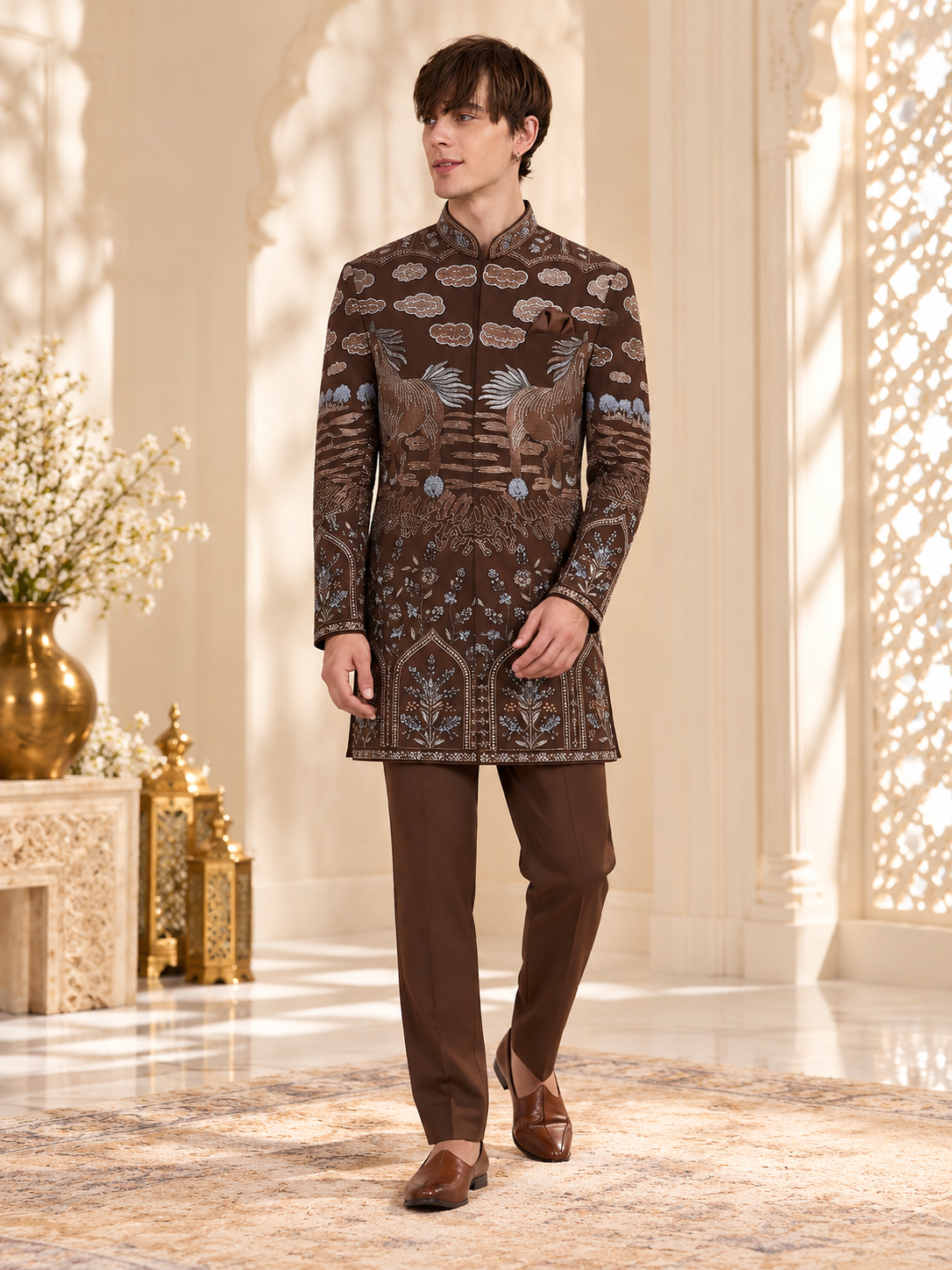 Chocolate Royale Horse Motif Embroidered Indo-Western Set for Men