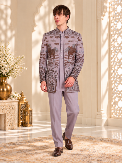 Lavender Royale Horse Motif Embroidered Indo-Western Set for Men