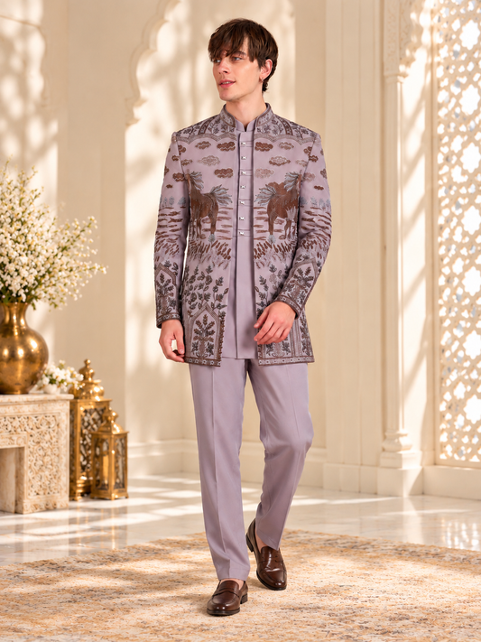 Lavender Royale Horse Motif Embroidered Indo-Western Set for Men