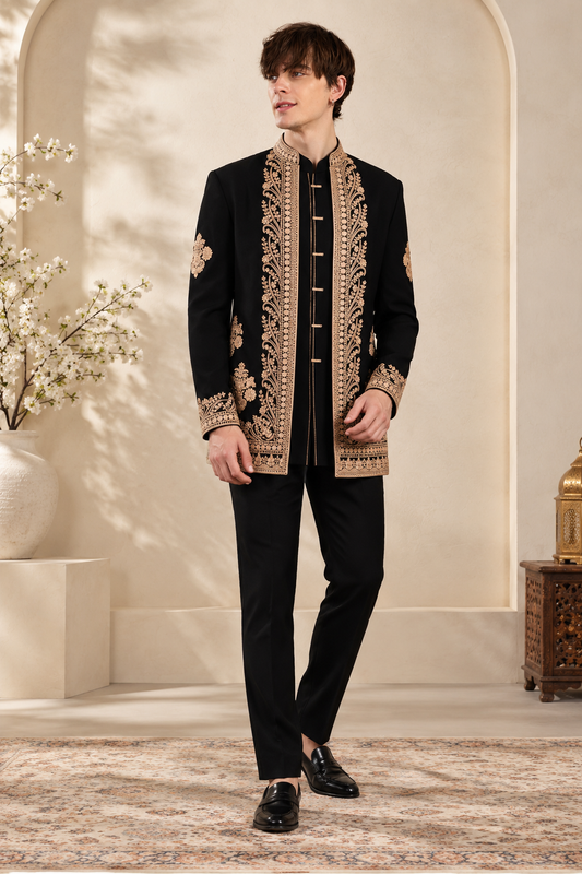 Black Gold Royale Embroidered Indo-Western Set for Men