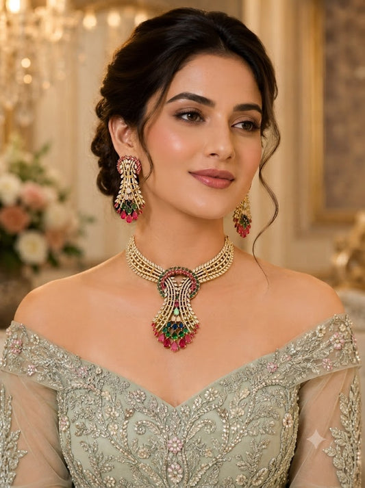 Royal Multicolor Emerald & Ruby Choker Necklace Set