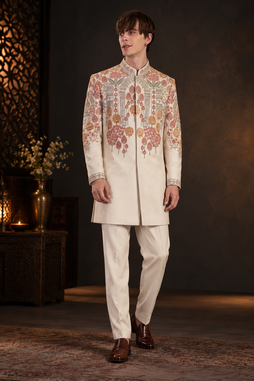 Ivory Royal Bloom Embroidered Indo-Western Set for Men