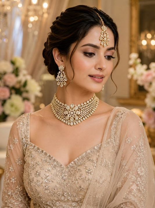 Royal Floral Kundan Choker Necklace, Earrings & Maang Tikka Set