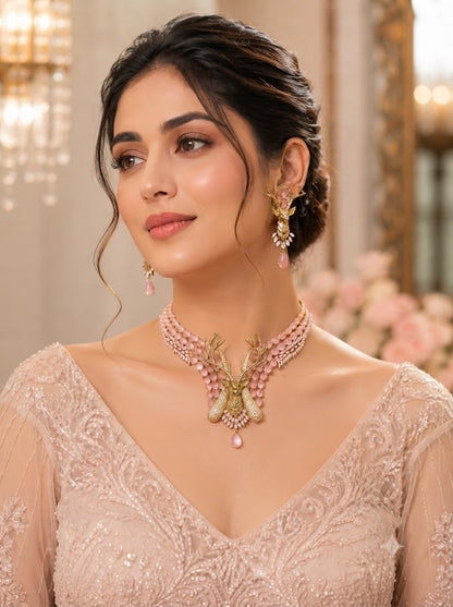Pink Crystal Deer-Inspired Choker Necklace & Earrings Set