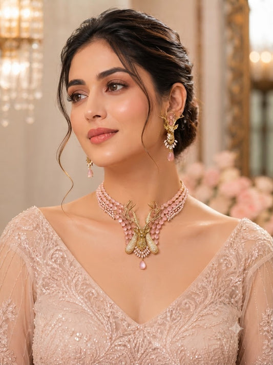 Pink Crystal Deer-Inspired Choker Necklace & Earrings Set
