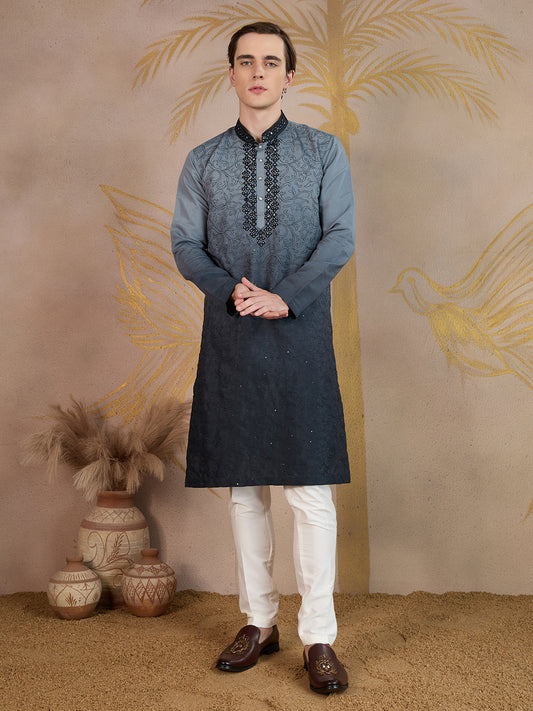 GREY MIRROR NECK WORK OMBRE KURTA SET