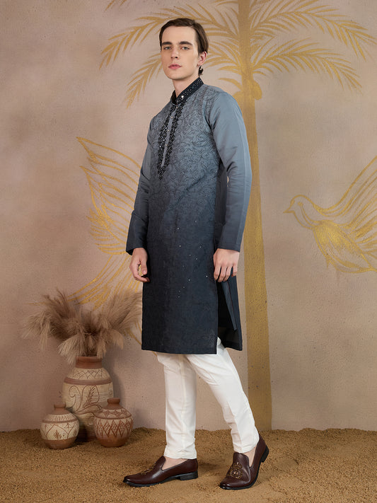 GREY MIRROR NECK WORK OMBRE KURTA SET