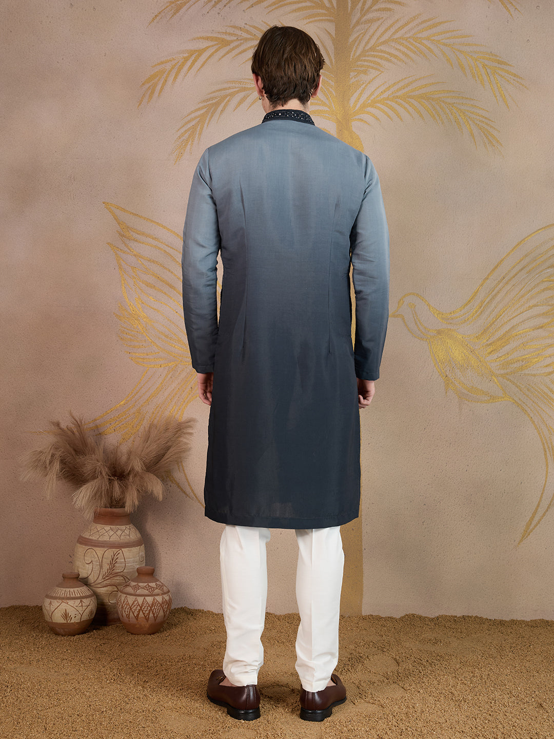 GREY MIRROR NECK WORK OMBRE KURTA SET