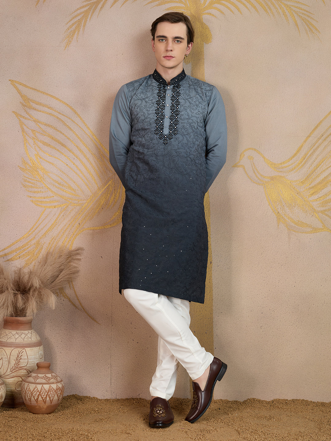 GREY MIRROR NECK WORK OMBRE KURTA SET