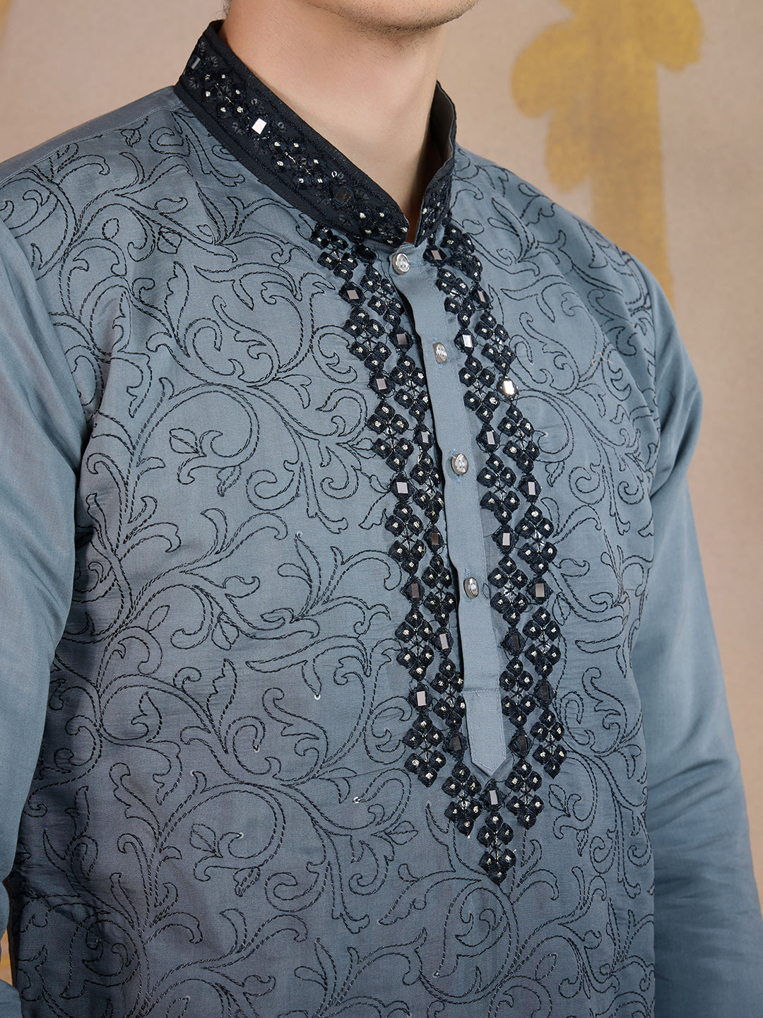GREY MIRROR NECK WORK OMBRE KURTA SET