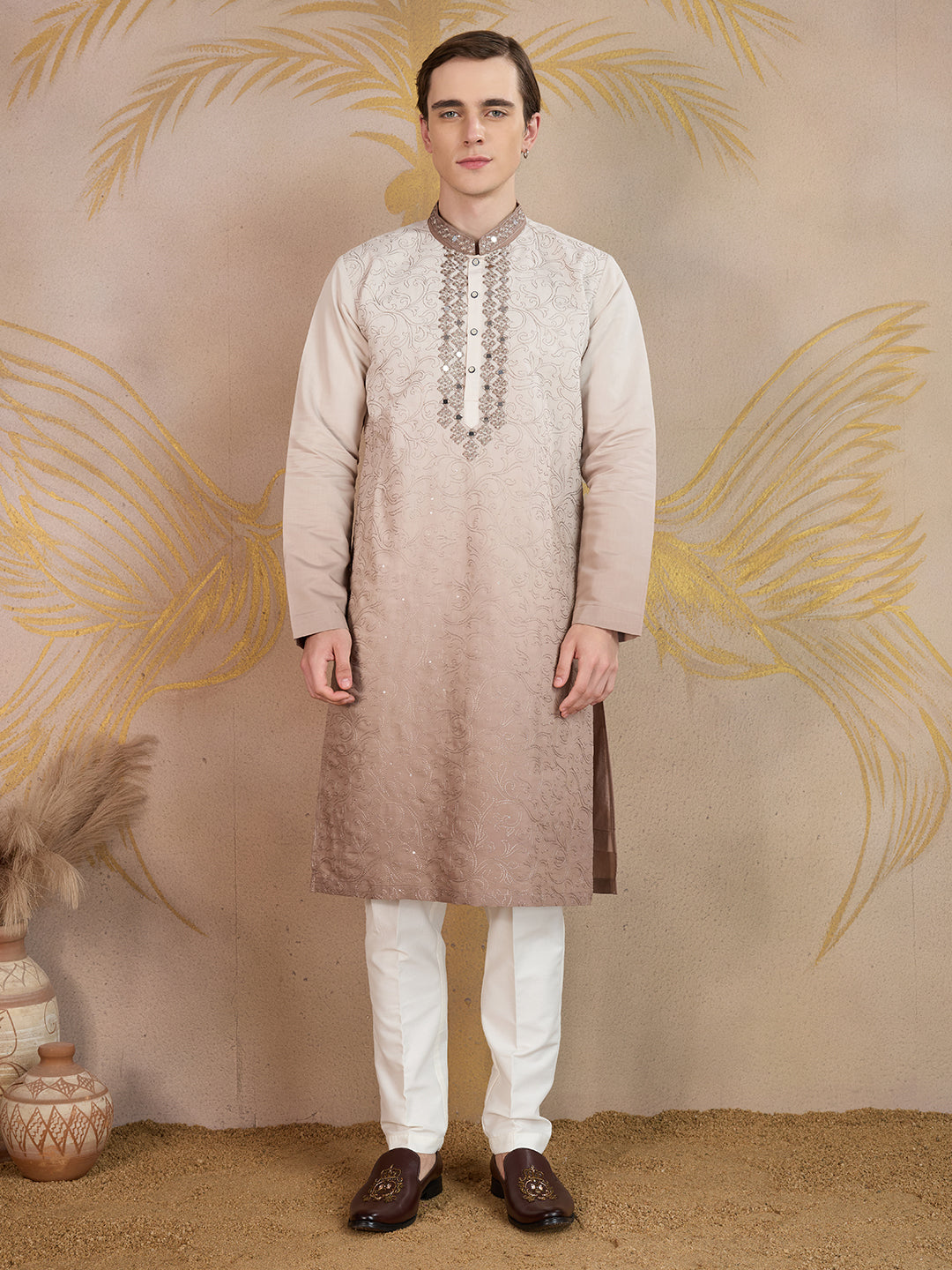 MAPLE BROWN MIRROR NECK WORK OMBRE KURTA SET