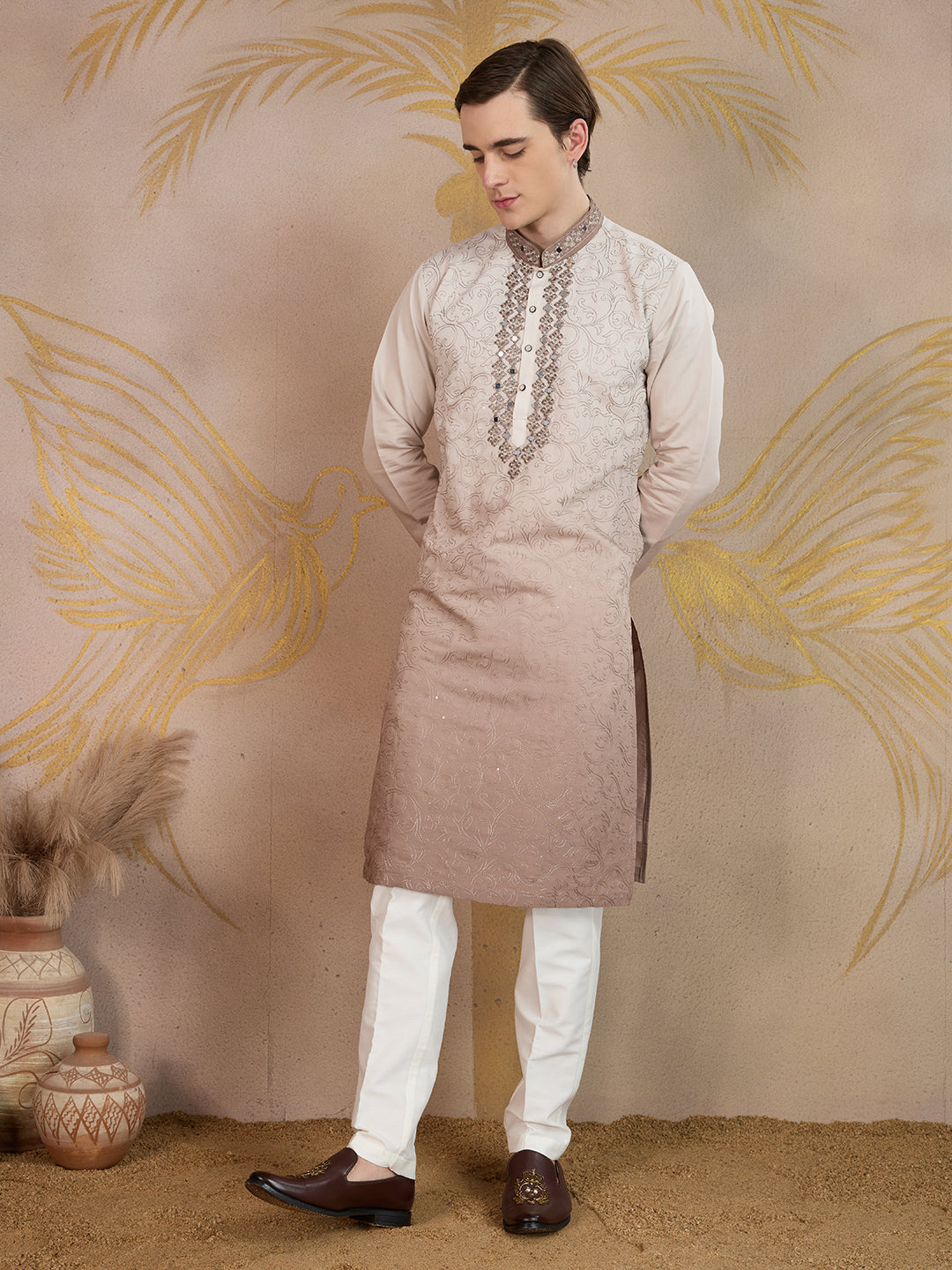 MAPLE BROWN MIRROR NECK WORK OMBRE KURTA SET