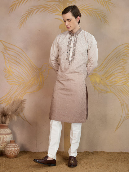 MAPLE BROWN MIRROR NECK WORK OMBRE KURTA SET