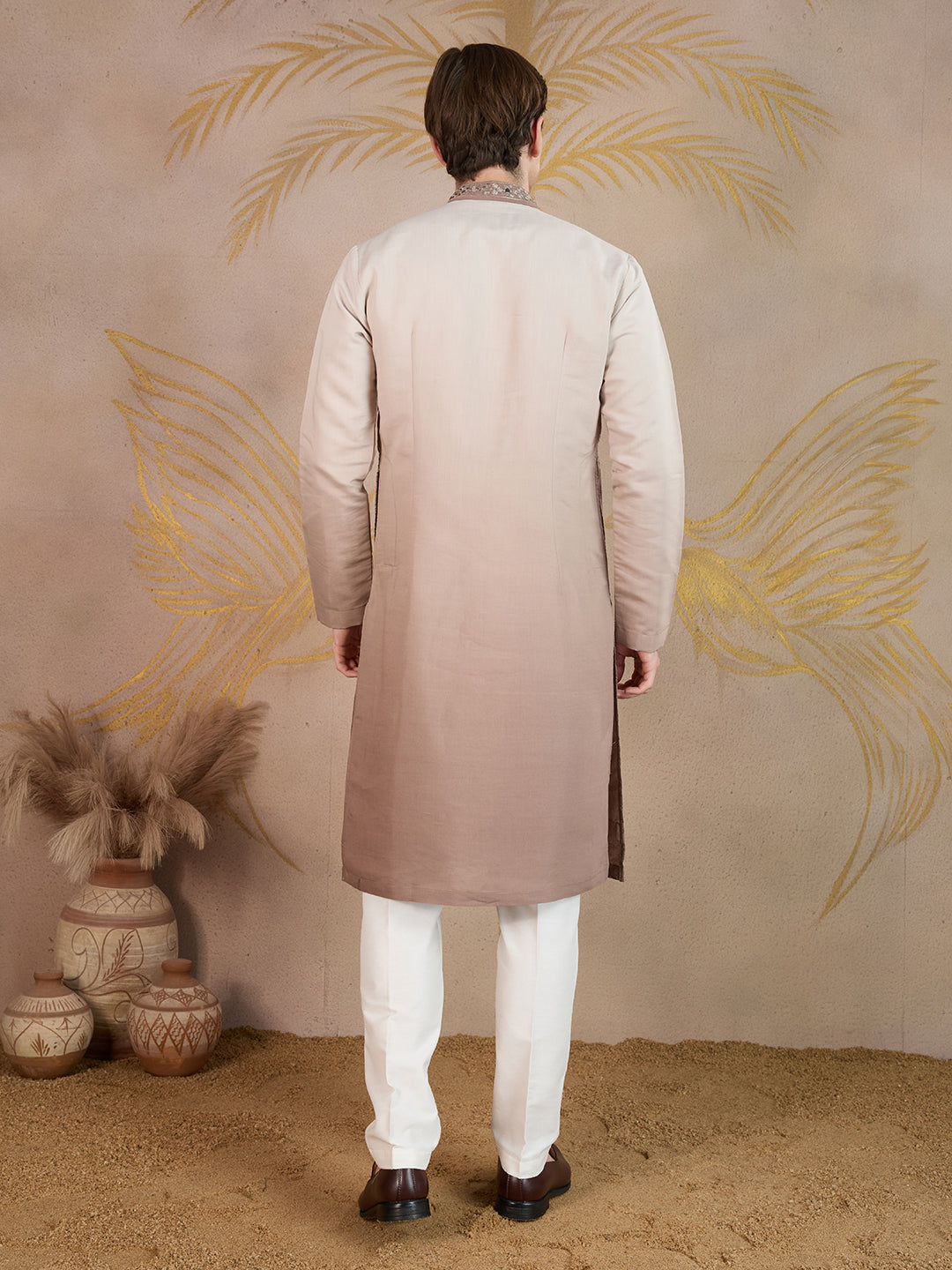 MAPLE BROWN MIRROR NECK WORK OMBRE KURTA SET