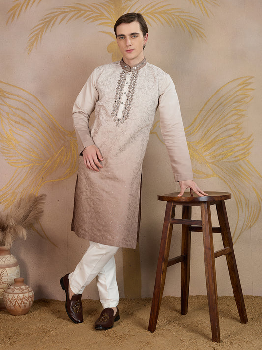 MAPLE BROWN MIRROR NECK WORK OMBRE KURTA SET