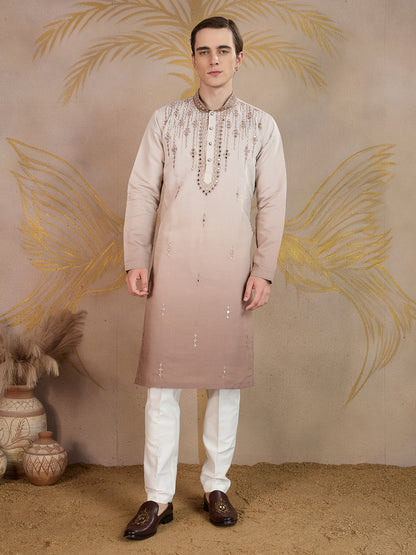 LIGHT BROWN MIRROR WORK OMBRE KURTA SET