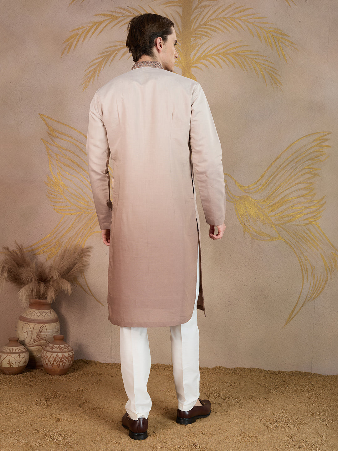 LIGHT BROWN MIRROR WORK OMBRE KURTA SET