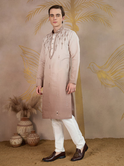 LIGHT BROWN MIRROR WORK OMBRE KURTA SET